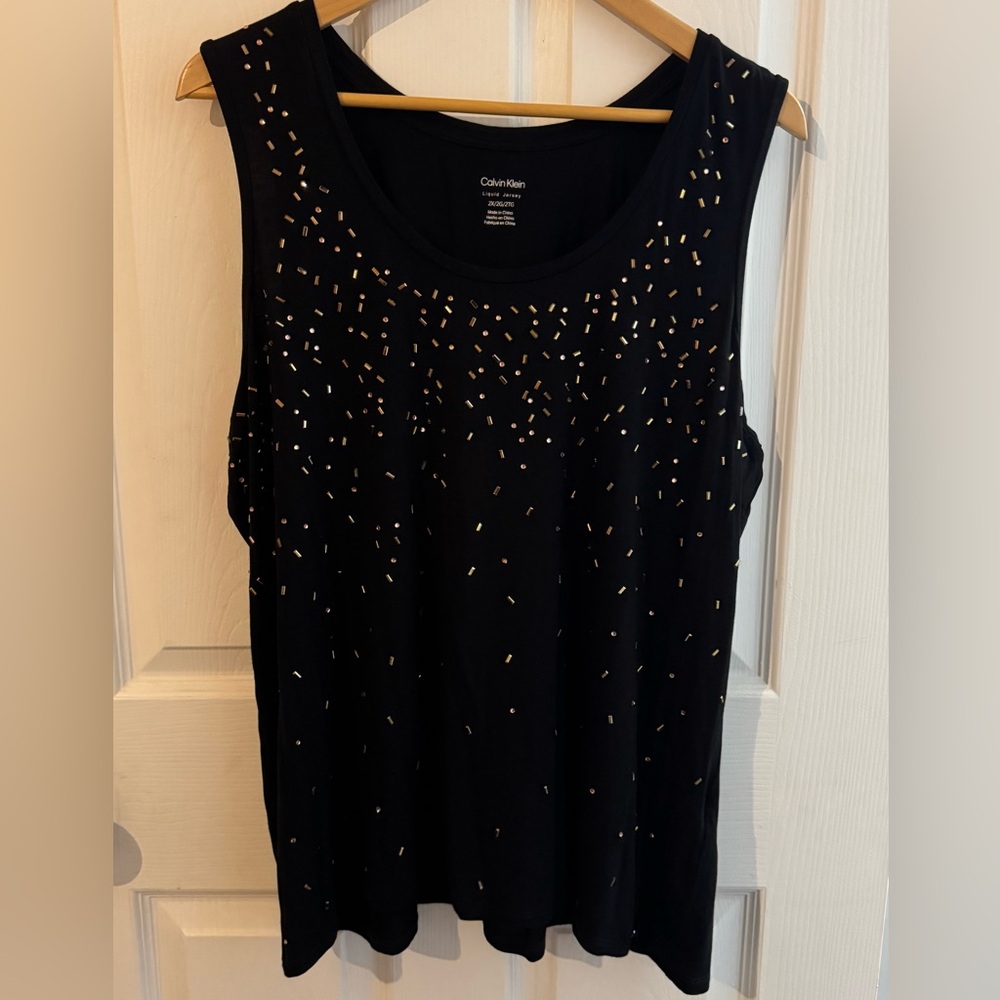 Calvin Klein 2X Black Sleeveless Liquid Jersey Top Gold Beads